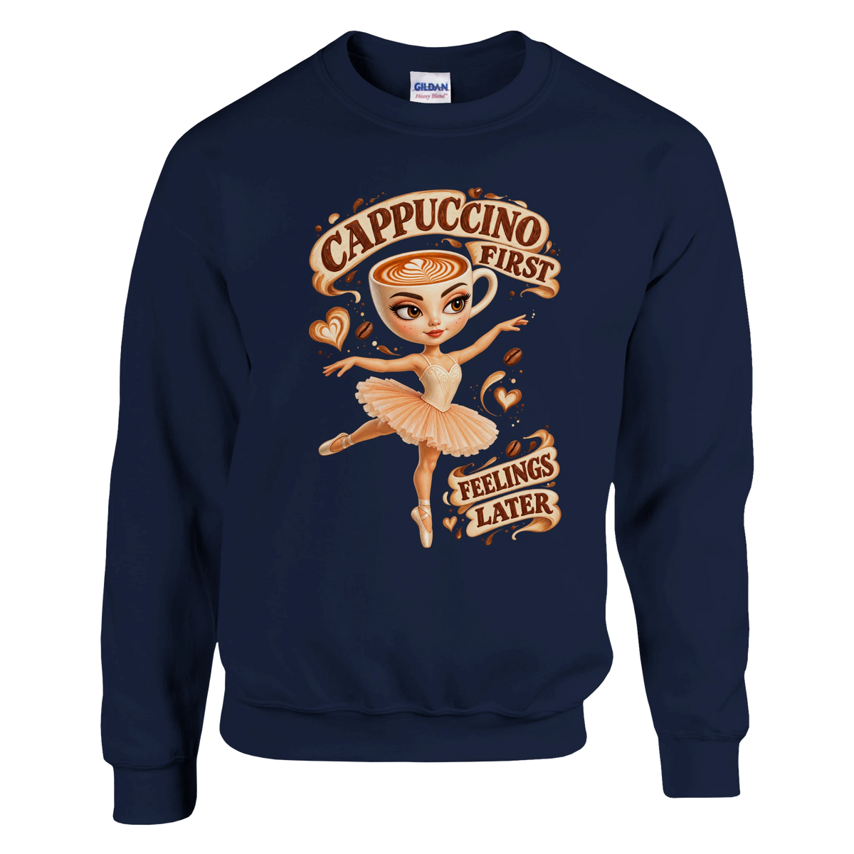 Ballerina Cappuccina print on a navy crewneck sweatshirt, front view