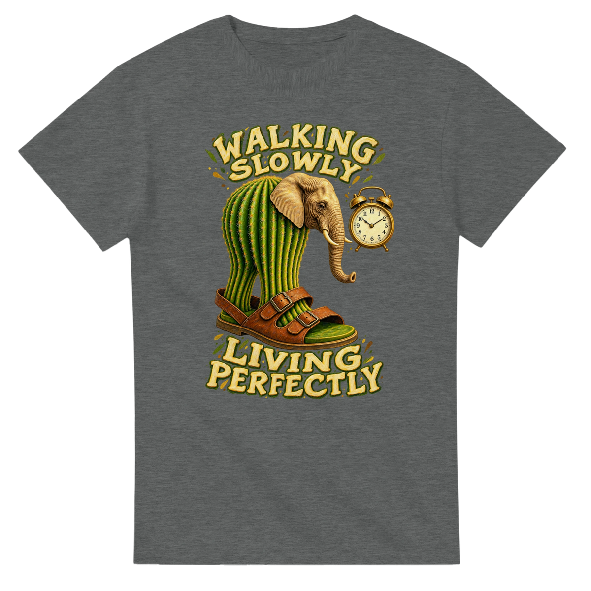 Graphite Heather t-shirt printed with Lirili Larila and the words Walking slowly, living perfectly, front view