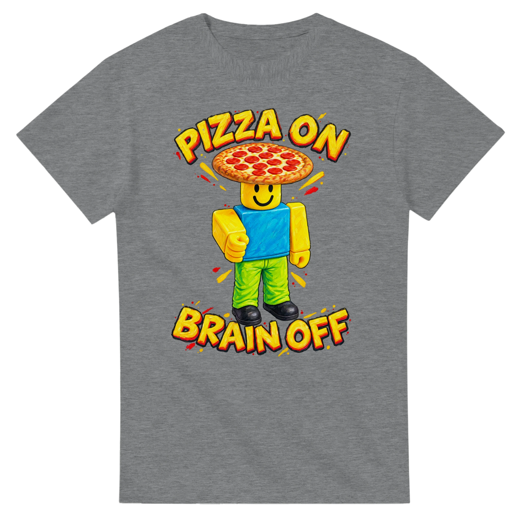 Sport Grey t-shirt printed with Noobini Pizzanini and the words Pizza on, brain off, front view