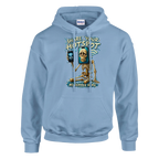 Pot Hotspot print on a light blue pullover hoodie, front view