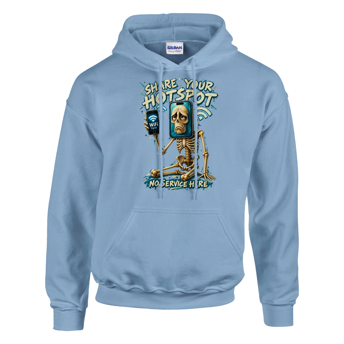 Pot Hotspot print on a light blue pullover hoodie, front view