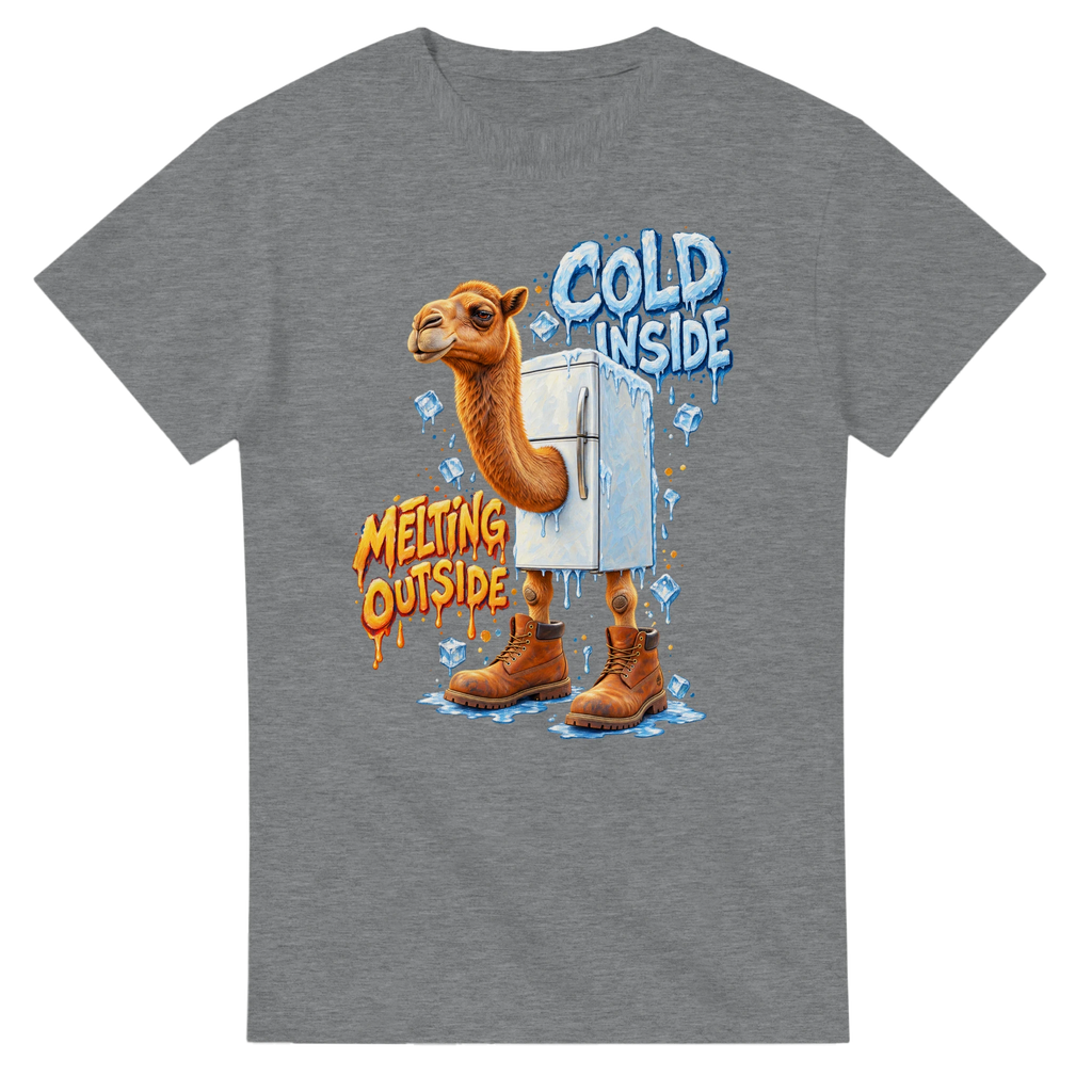 Sport Grey t-shirt printed with Frigo Camelo and the words Cold inside, melting outside, front view