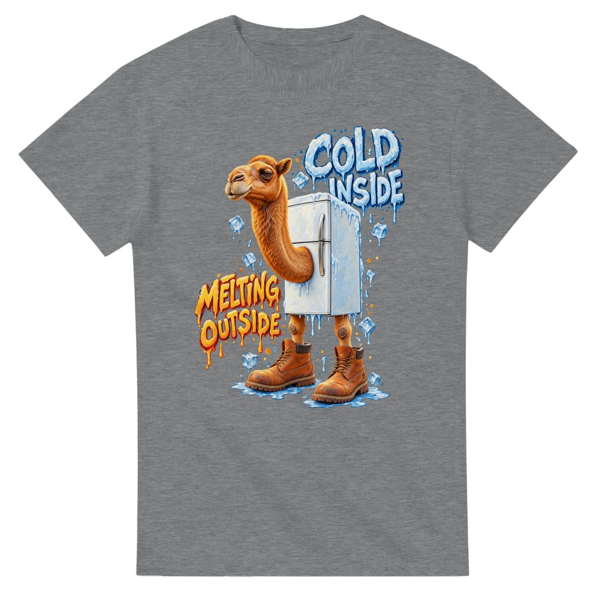 Sport Grey t-shirt printed with Frigo Camelo and the words Cold inside, melting outside, front view