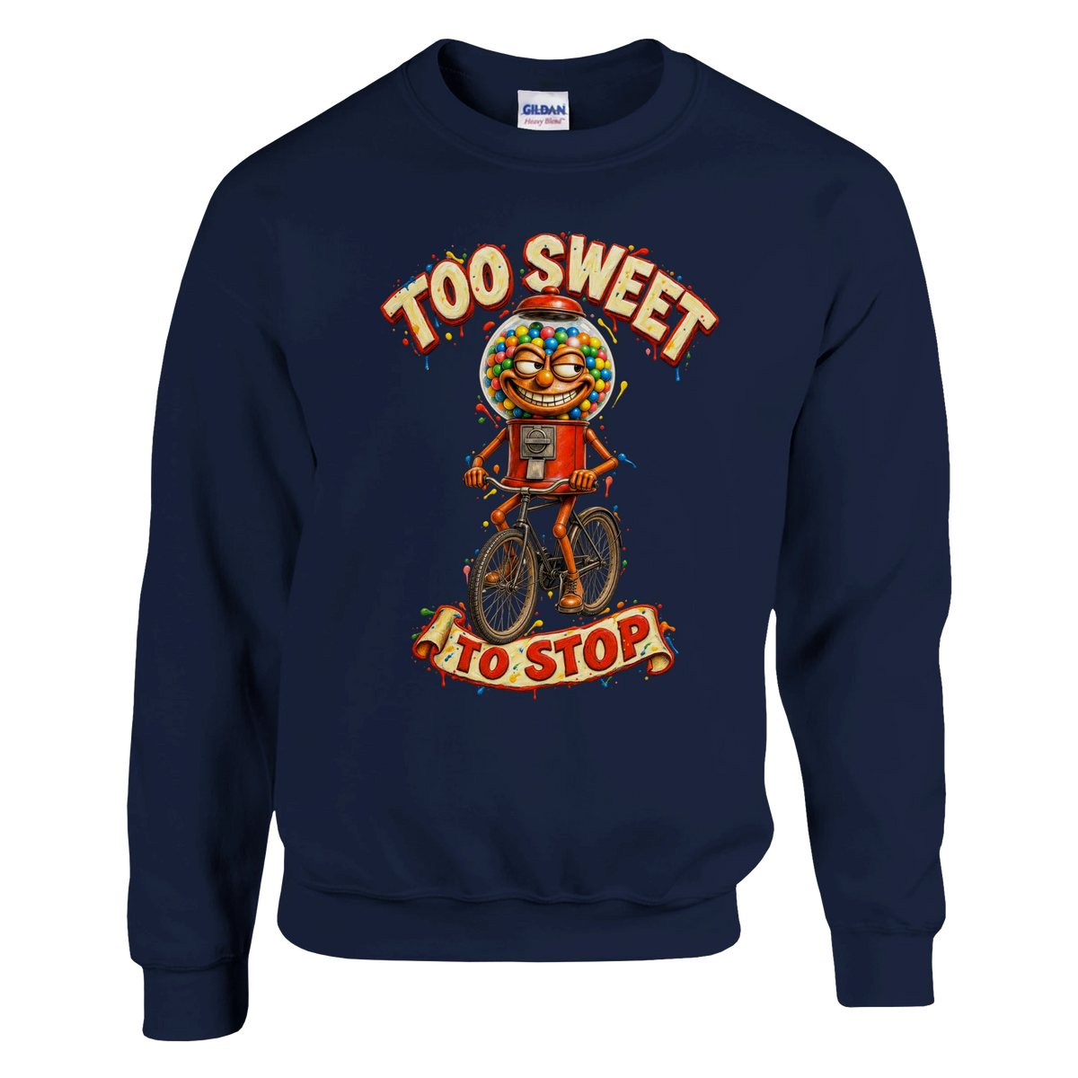 Chicleteira Bicicleteira print on a navy crewneck sweatshirt, front view