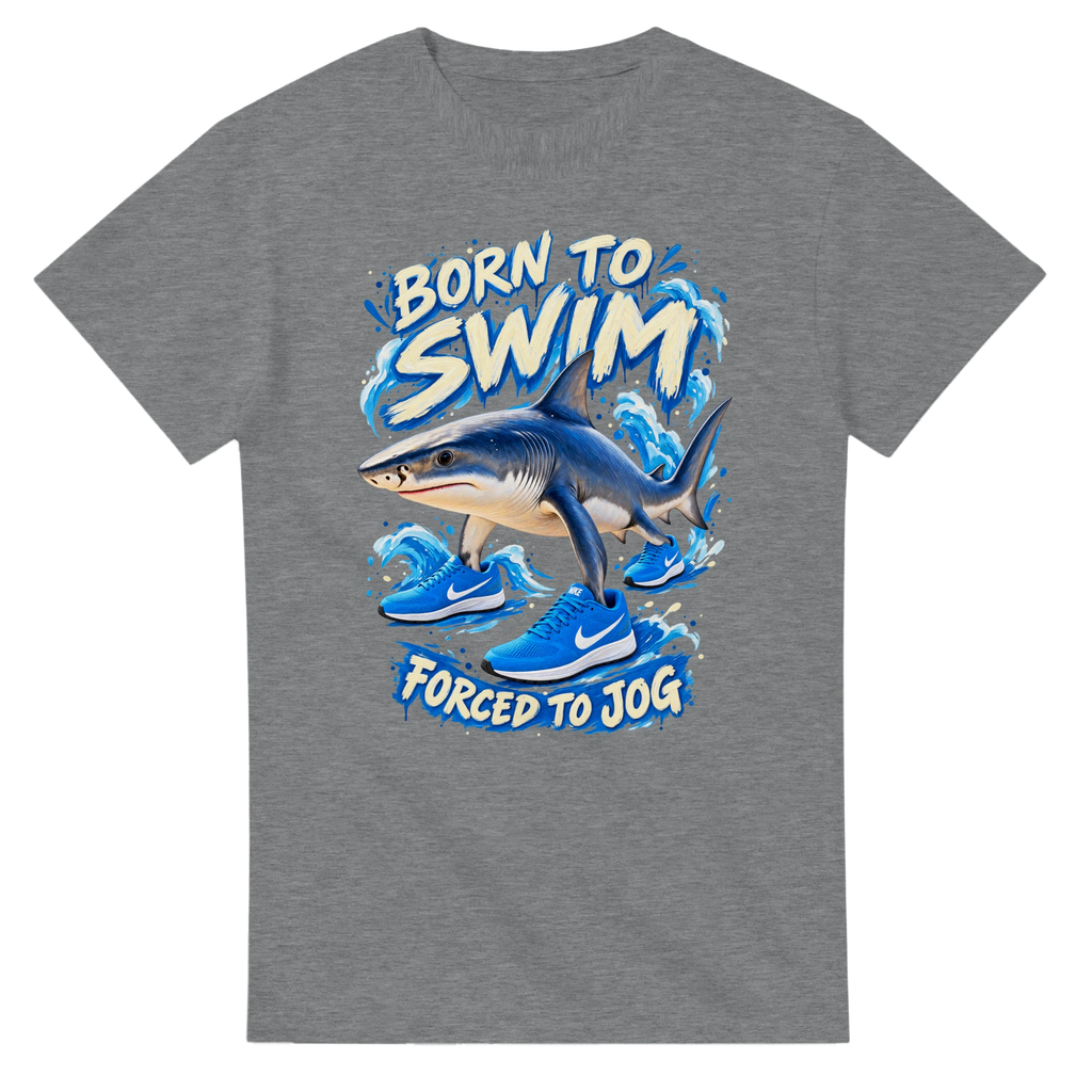 Sport Grey t-shirt printed with Tralalero Tralala and the words Born to swim, forced to jog, front view