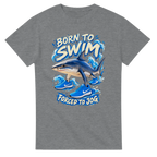 Sport Grey t-shirt printed with Tralalero Tralala and the words Born to swim, forced to jog, front view