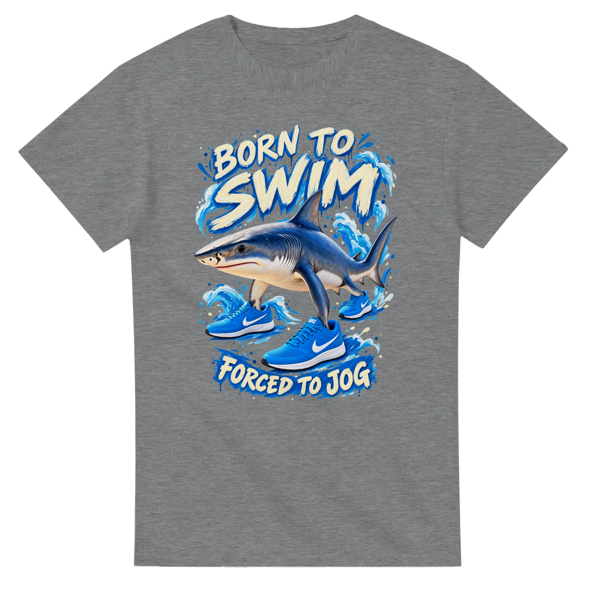 Sport Grey t-shirt printed with Tralalero Tralala and the words Born to swim, forced to jog, front view
