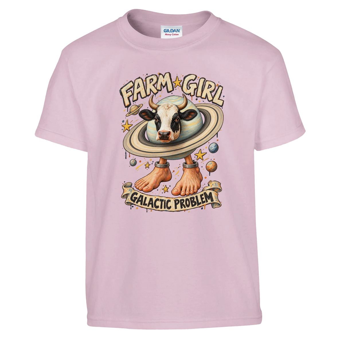 La Vaca Saturno Saturnita print on a light pink kids t-shirt, front view