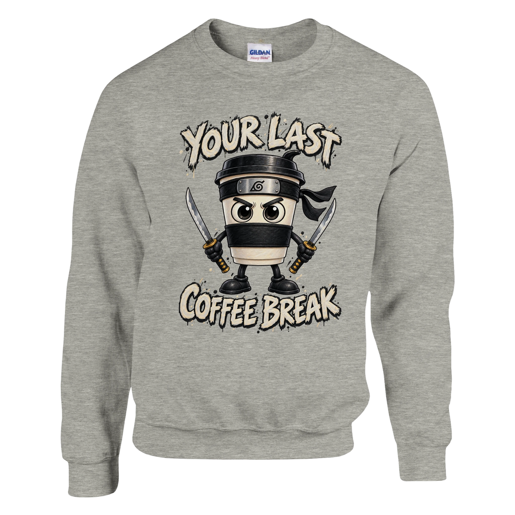 Cappuccino Assassino print on an ash grey crewneck sweatshirt, front view