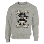 Cappuccino Assassino print on an ash grey crewneck sweatshirt, front view