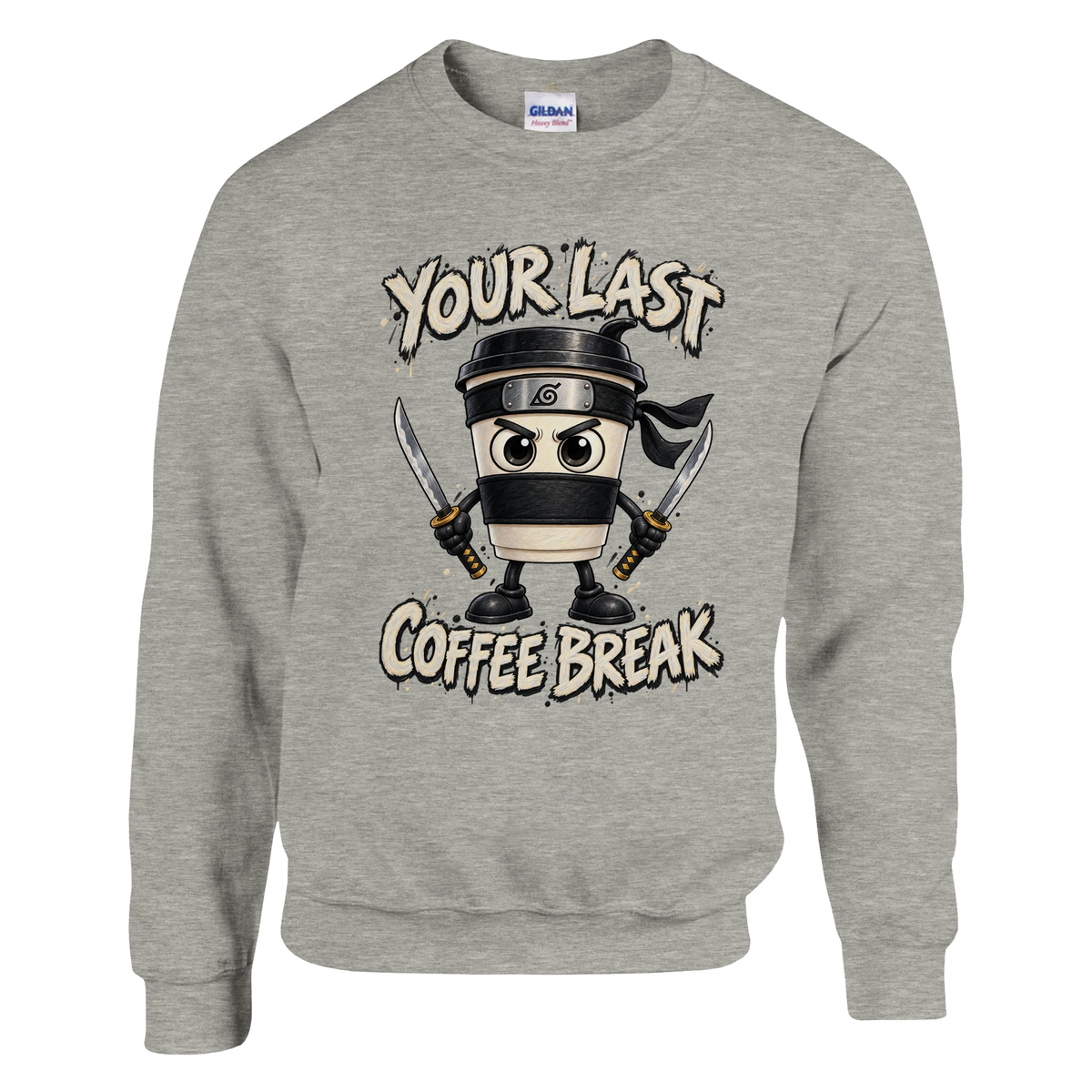 Cappuccino Assassino print on an ash grey crewneck sweatshirt, front view