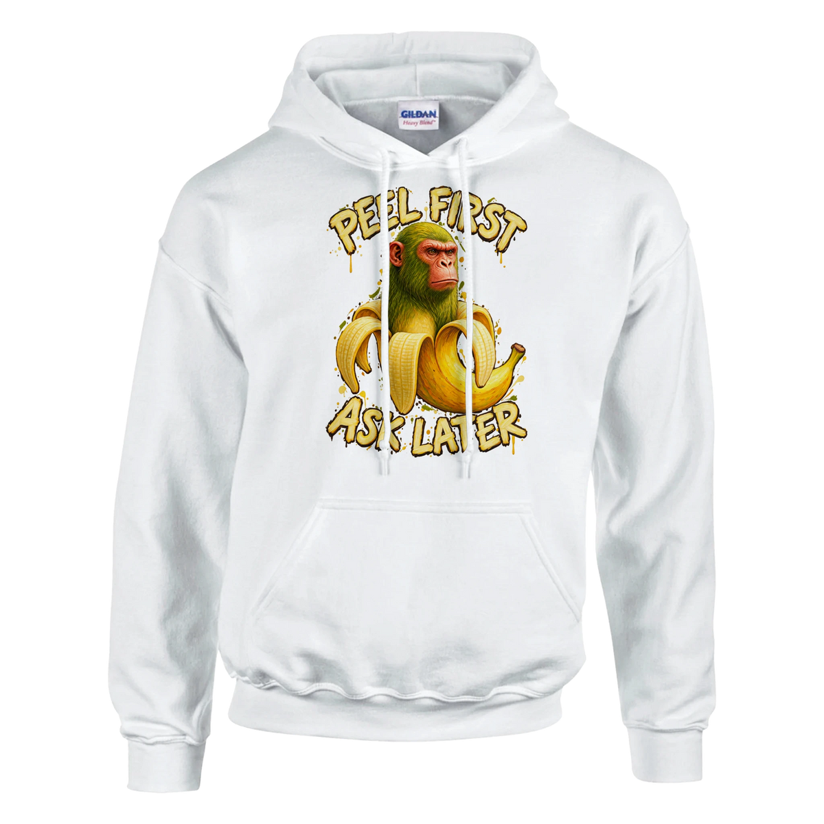 Chimpanzini Bananini print on a white pullover hoodie, front view