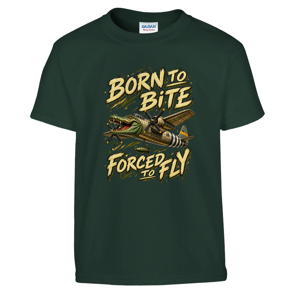 Bombardino Crocodilo print on a forest green kids t-shirt, front view