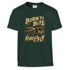 Bombardino Crocodilo print on a forest green kids t-shirt, front view