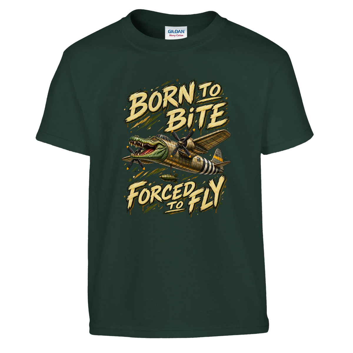 Bombardino Crocodilo print on a forest green kids t-shirt, front view