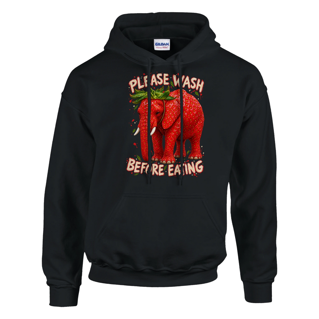 Strawberry Elephant print on a black pullover hoodie, front view