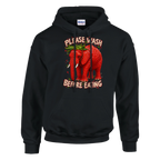 Strawberry Elephant print on a black pullover hoodie, front view