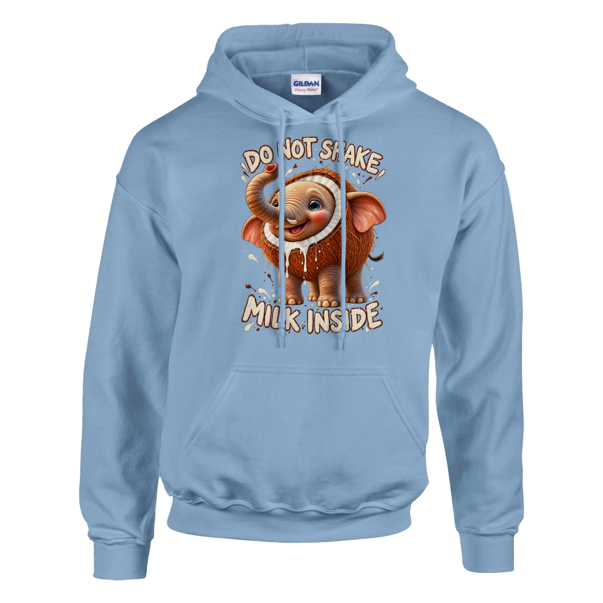 Cocofanto Elefanto print on a light blue pullover hoodie, front view