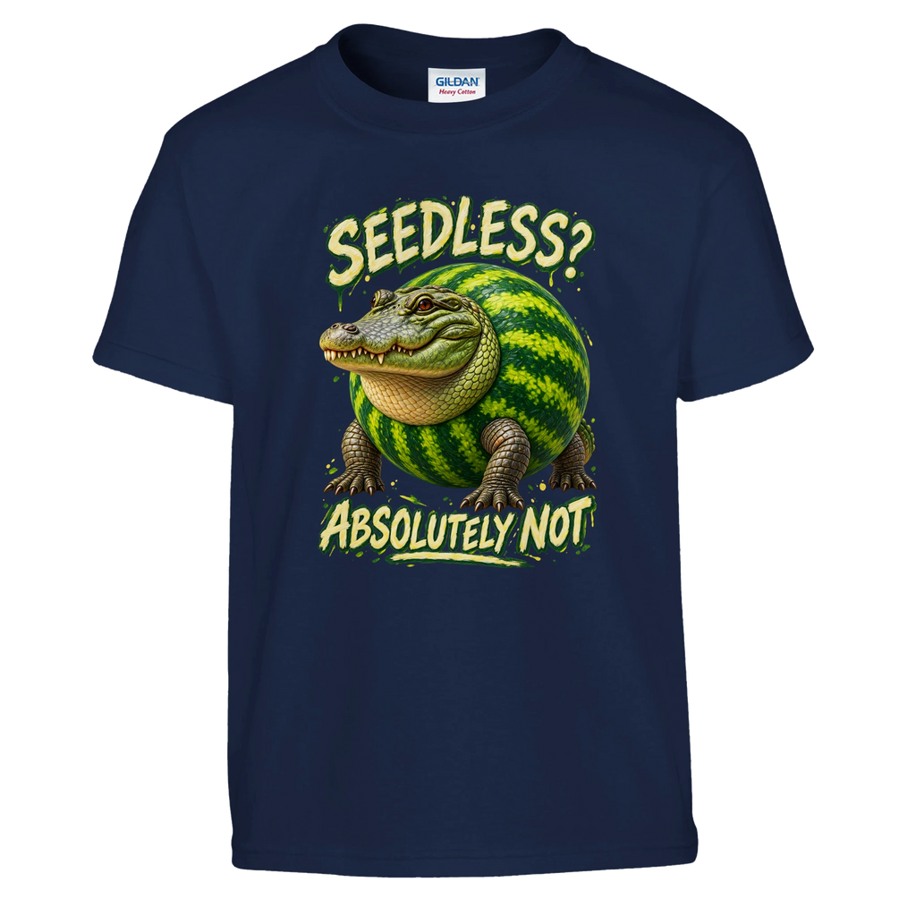 Glorbo Fruttodrillo print on a navy kids t-shirt, front view