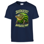 Glorbo Fruttodrillo print on a navy kids t-shirt, front view