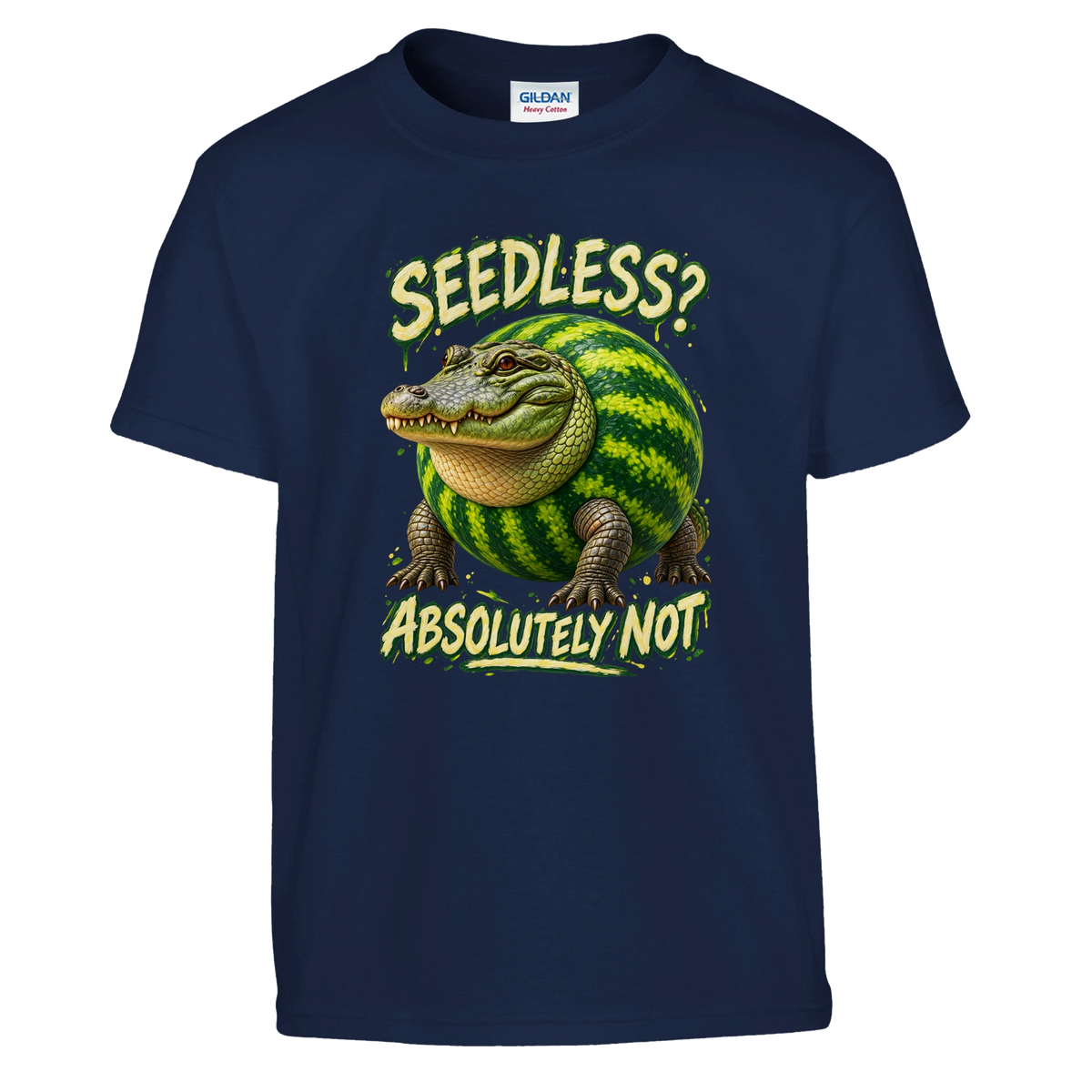 Glorbo Fruttodrillo print on a navy kids t-shirt, front view