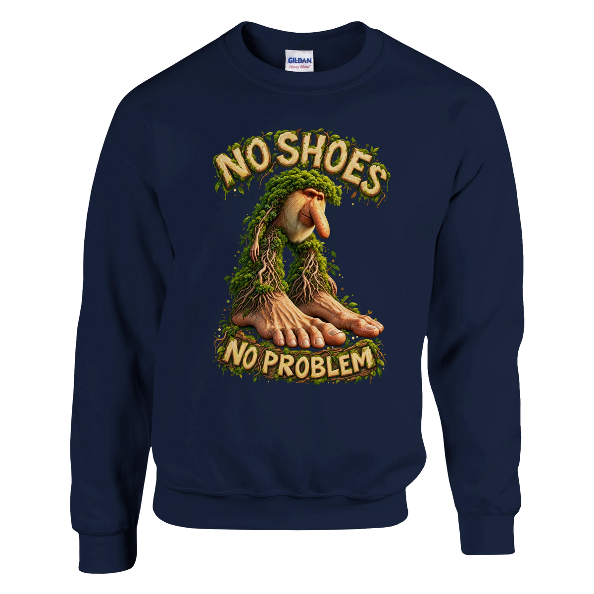 Brr Brr Patapim print on a navy crewneck sweatshirt, front view