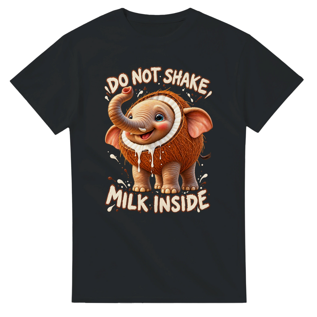 Black t-shirt printed with Cocofanto Elefanto and the words Do not shake, milk inside, front view