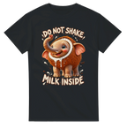 Black t-shirt printed with Cocofanto Elefanto and the words Do not shake, milk inside, front view