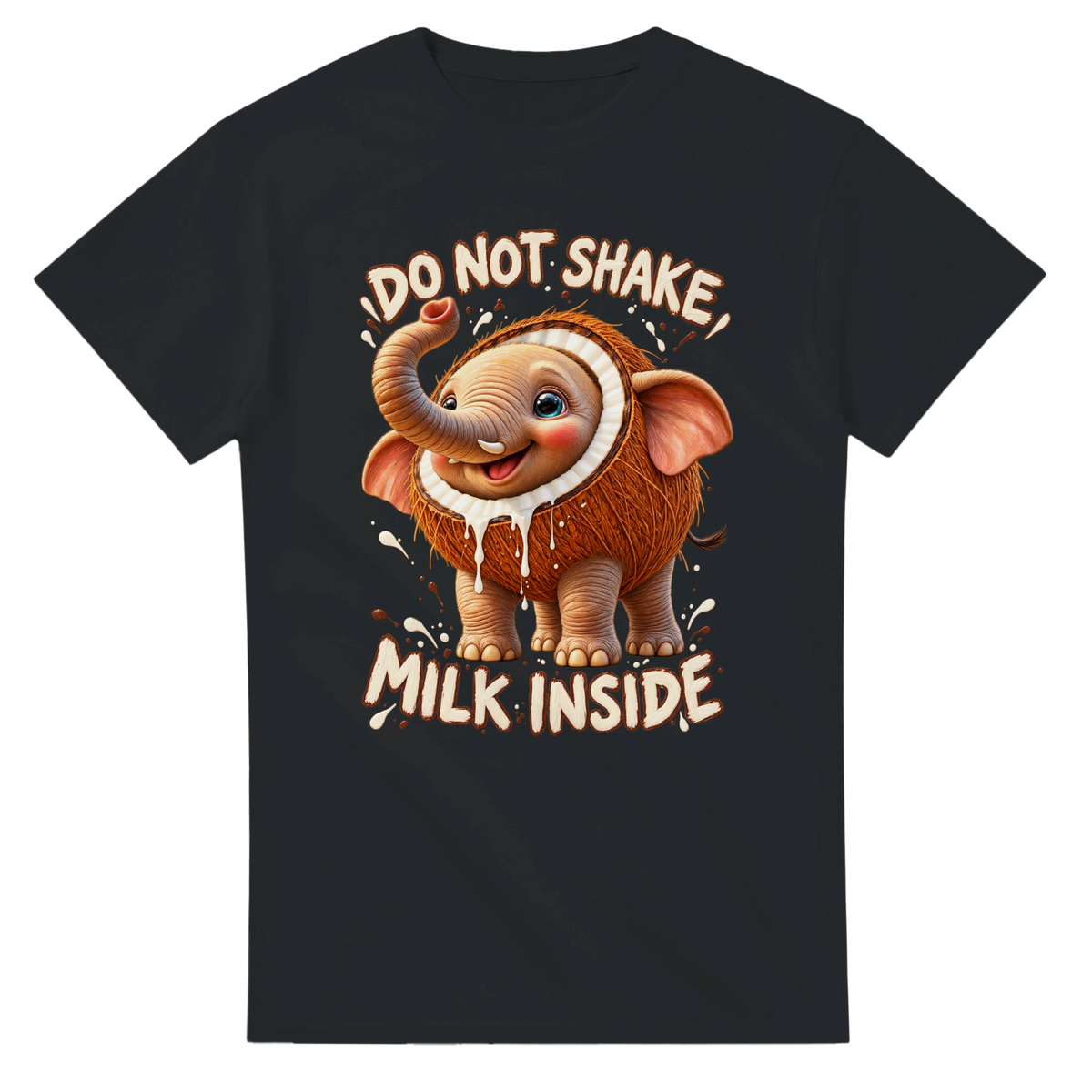 Black t-shirt printed with Cocofanto Elefanto and the words Do not shake, milk inside, front view