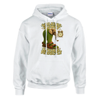Lirili Larila print on a white pullover hoodie, front view
