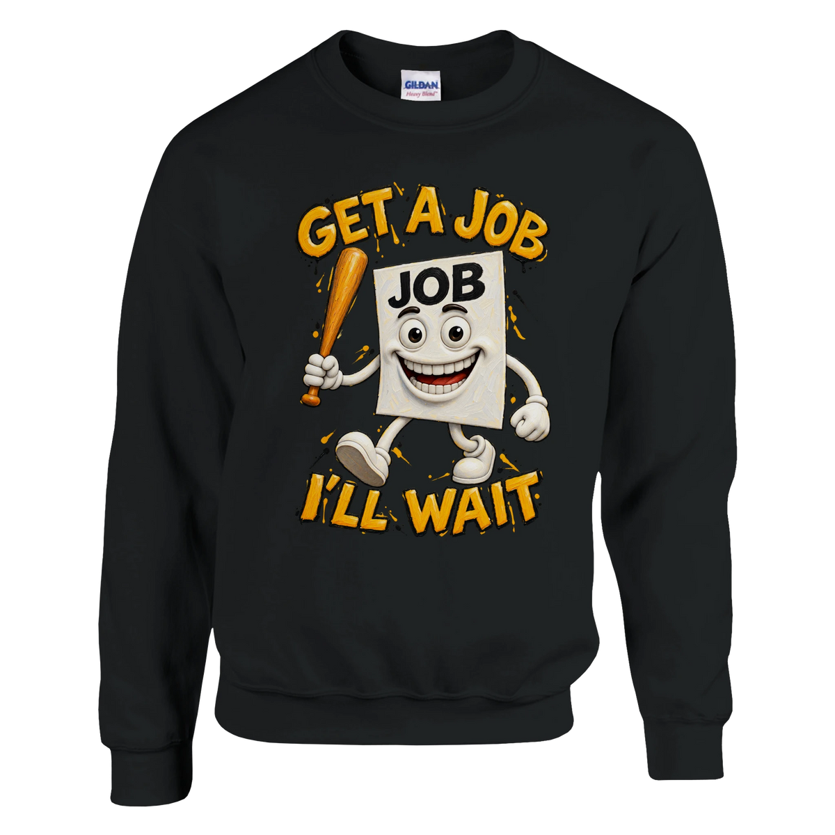 Job Job Job Sahur print on a black crewneck sweatshirt, front view