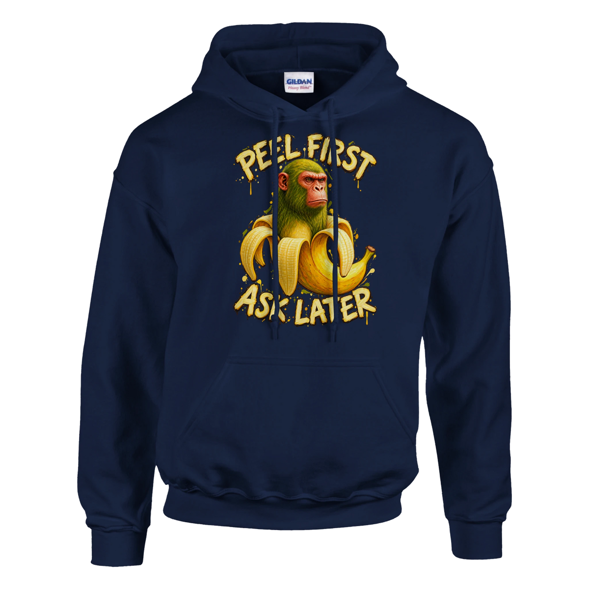 Chimpanzini Bananini print on a navy pullover hoodie, front view