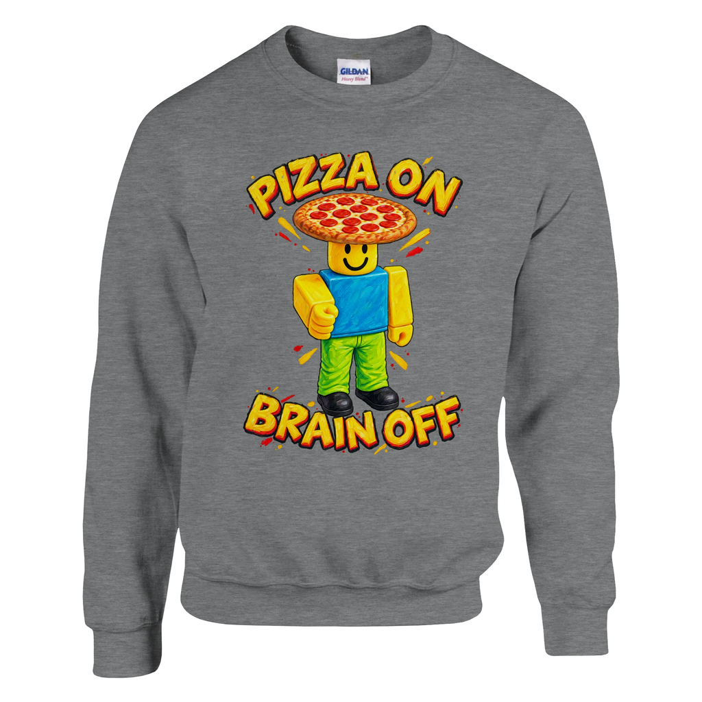 Noobini Pizzanini print on a sport grey crewneck sweatshirt, front view