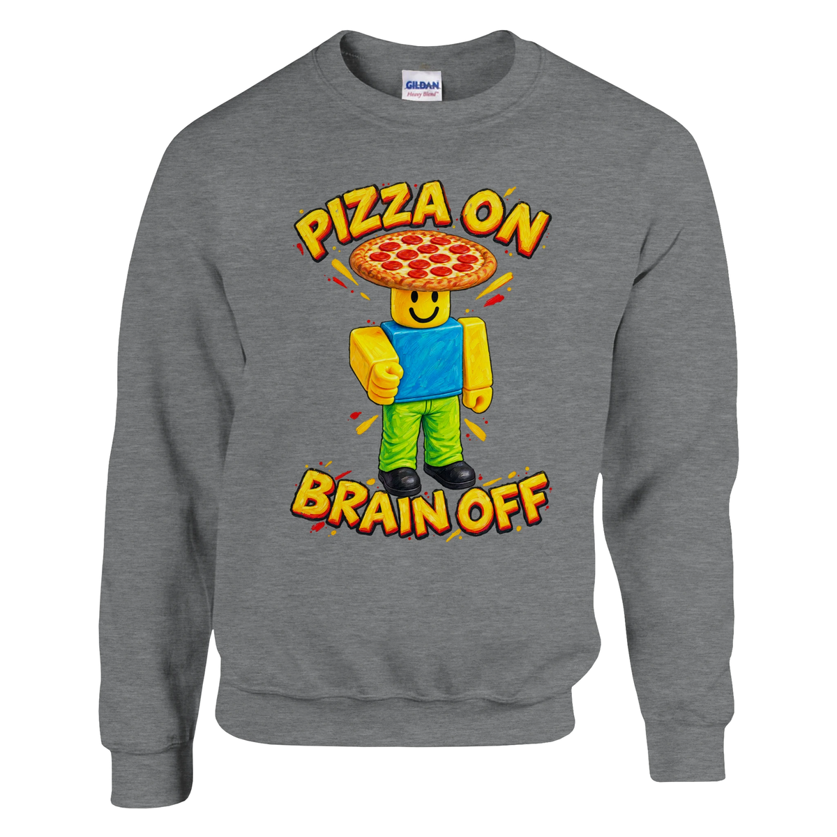 Noobini Pizzanini print on a sport grey crewneck sweatshirt, front view
