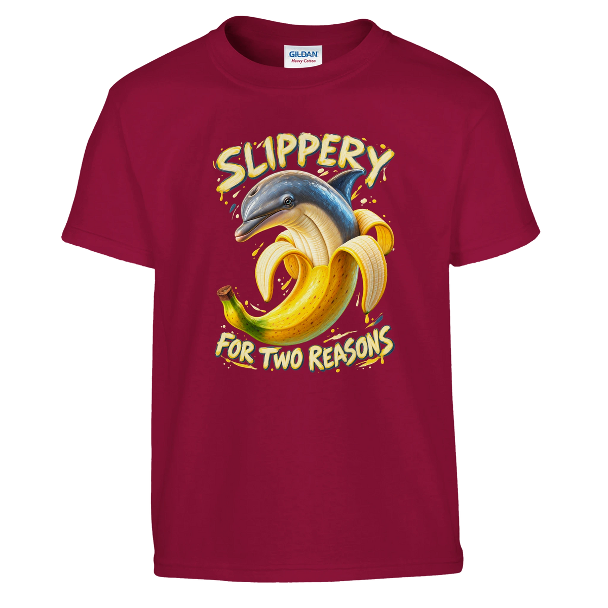 Bananita Dolphinita print on a cardinal red kids t-shirt, front view