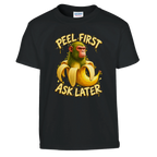 Chimpanzini Bananini print on a black kids t-shirt, front view