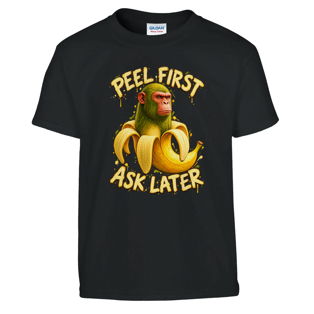 Chimpanzini Bananini print on a black kids t-shirt, front view