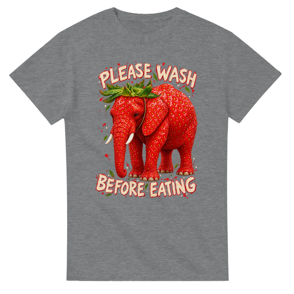 Sport Grey t-shirt printed with Strawberry Elephant and the words Please wash before eating, front view