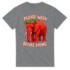 Sport Grey t-shirt printed with Strawberry Elephant and the words Please wash before eating, front view