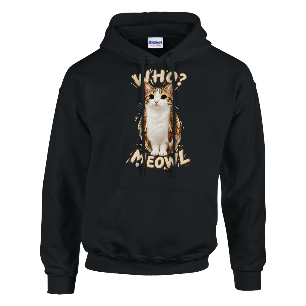 Meowl print on a black pullover hoodie, front view