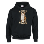Meowl print on a black pullover hoodie, front view
