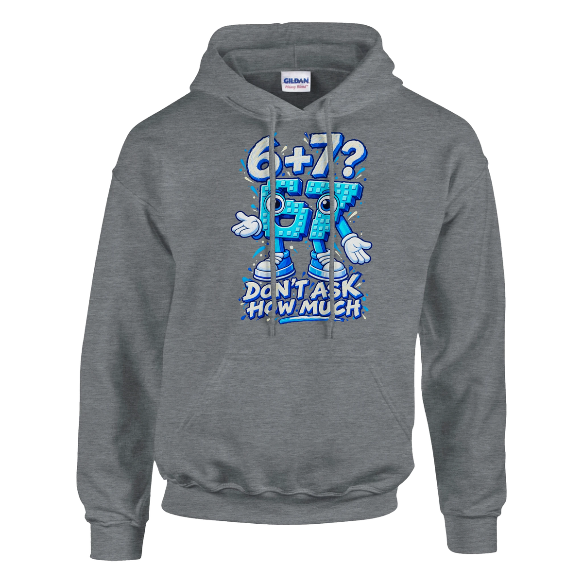 67 print on a sport grey pullover hoodie, front view