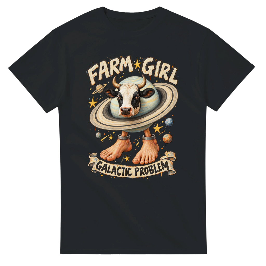 Black t-shirt printed with La Vaca Saturno Saturnita and the words Farm girl, galactic problem, front view