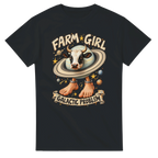 Black t-shirt printed with La Vaca Saturno Saturnita and the words Farm girl, galactic problem, front view