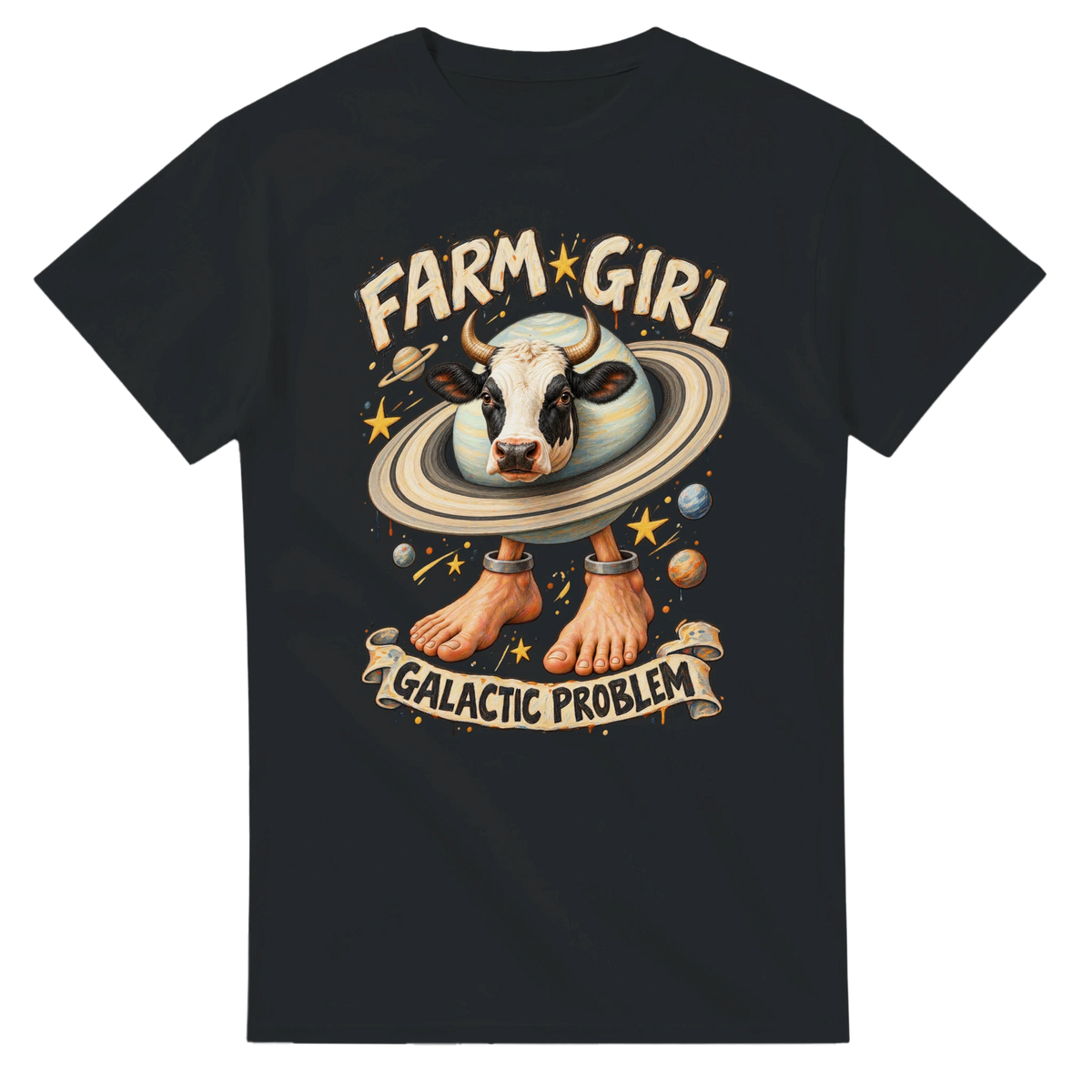 Black t-shirt printed with La Vaca Saturno Saturnita and the words Farm girl, galactic problem, front view