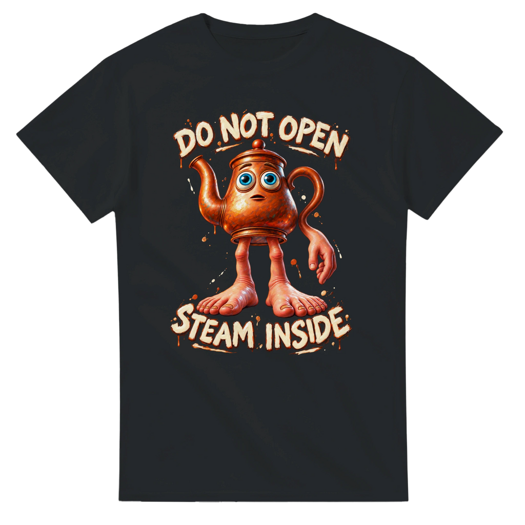 Black t-shirt printed with Ta Ta Ta Sahur and the words Do not open, steam inside, front view