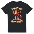 Black t-shirt printed with Ta Ta Ta Sahur and the words Do not open, steam inside, front view