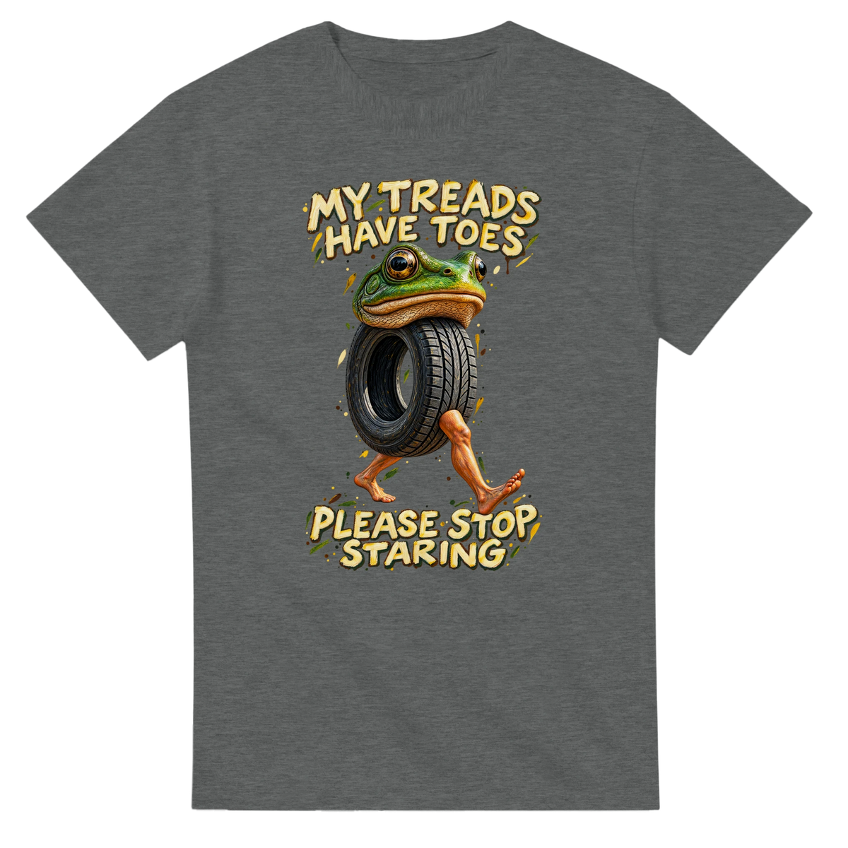 Graphite Heather t-shirt printed with Boneca Ambalabu and the words My treads have toes, please stop staring, front view