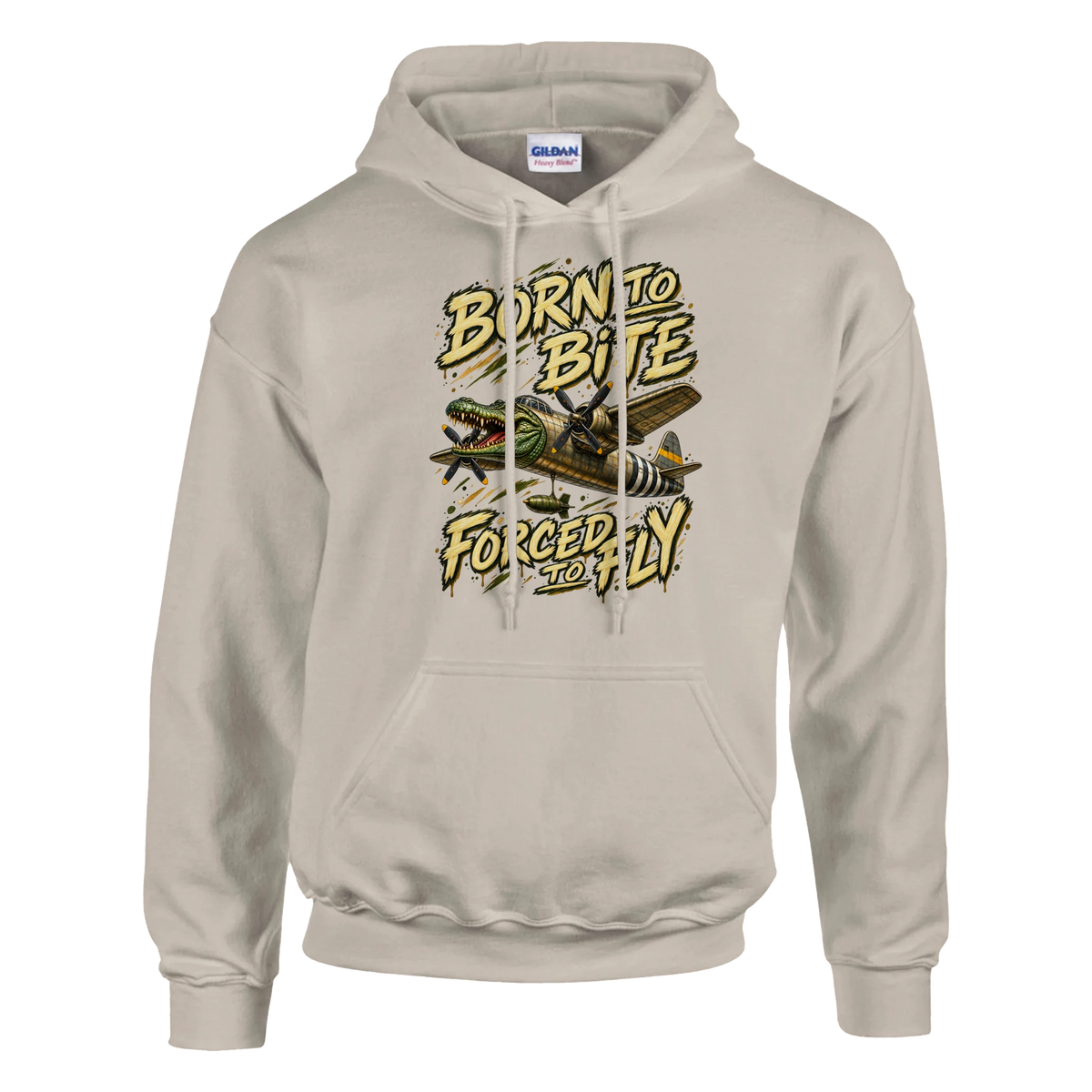 Bombardino Crocodilo print on a sand pullover hoodie, front view