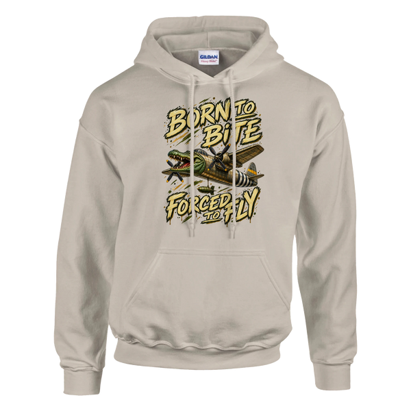 Bombardino Crocodilo print on a sand pullover hoodie, front view